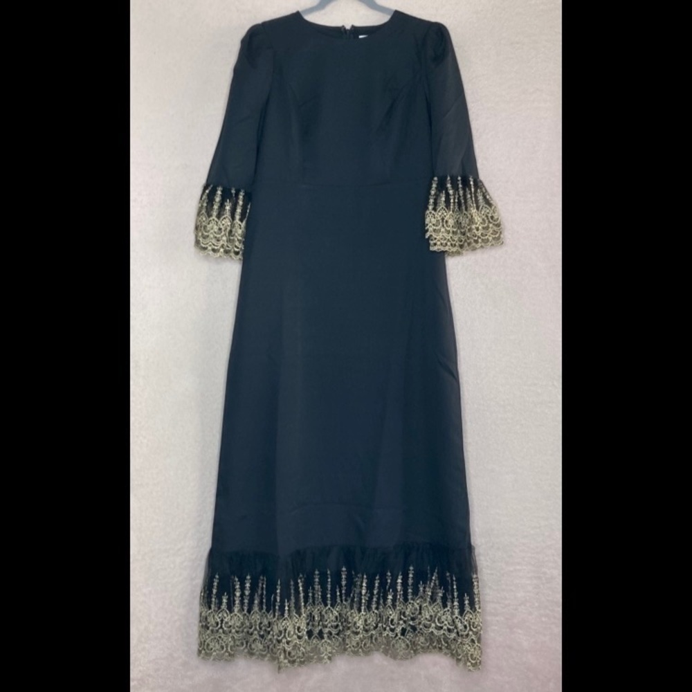 NEW Pomander Place Midi Dress Women’s M Black w/Gold Lace Formal Wedding Guest - Picture 3 of 8